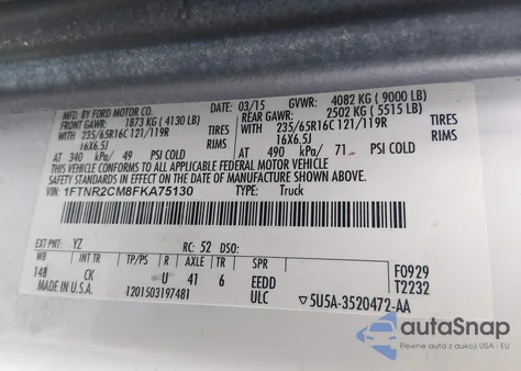 2015 Ford Transit-250 из США, поврежденный, VIN 1FTNR2CM8FKA75130